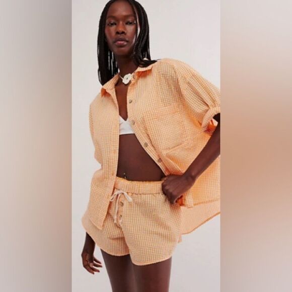 Free People Checked Out Gingham Yellow Button Up Top Medium - Picture 8 of 9